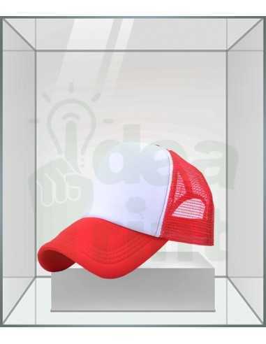 Gorra trucker roja y blanca personalizada con diseño publicitario