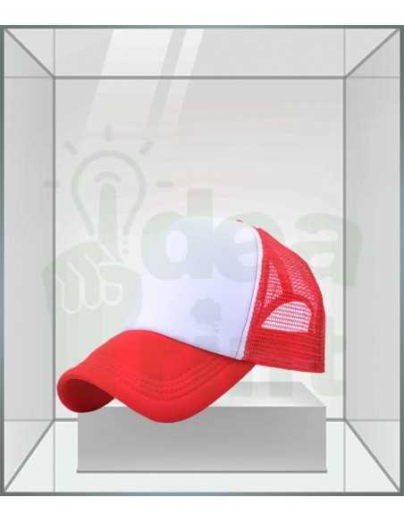Gorra trucker roja y blanca personalizada con diseño publicitario